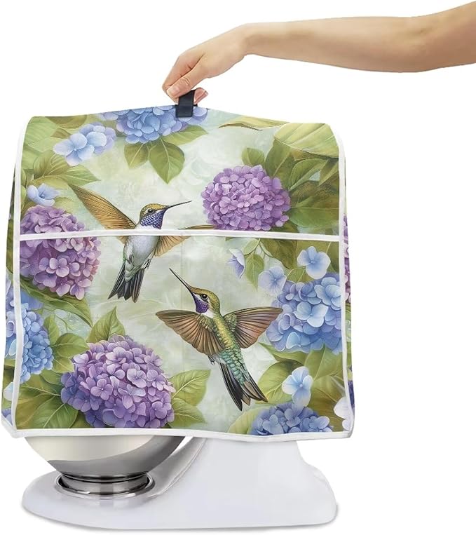 Hummingbird Floral Mixer Covers for Stand Mixer 4.5-5 Qt Easy Clean Kitchen Appliance Dust Cover with Top Handle and Accessory Pocket Oil-Resistant Keep Kitchen Clean and Tidy