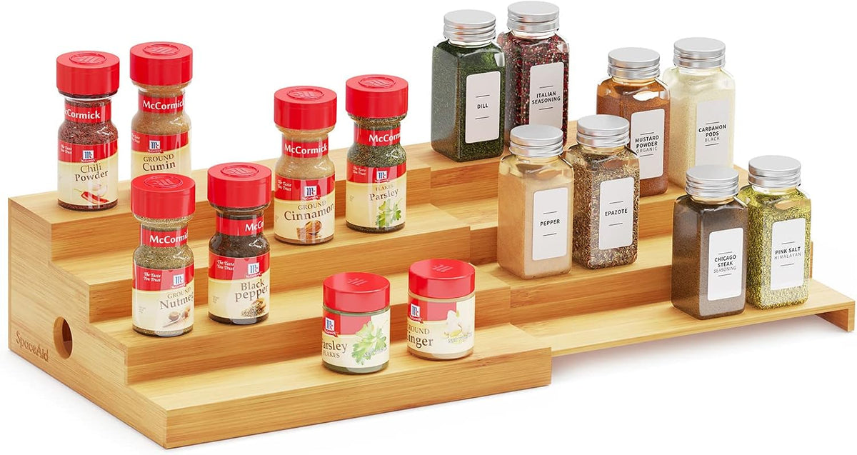 4 Tier Bamboo Spice Rack Organizer for Cabinet, Kitchen Pantry Spices Storage Rack for Cabinets Organization, Home Seasoning Tiered Can Goods Racks Wood Shelf Organizers (4 Tier, Natural)