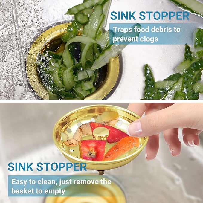 KONE Sink Drain Strainer Gold Sink Stopper and Strainer Stainless Steel Kitchen Sink Strainer Basket Replacement for 3-1/2 Inch Kitchen Sink, with Metal Center Knob and Rubber Drain Stopper