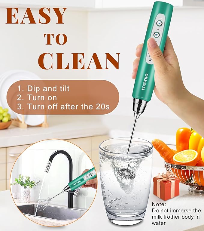 YUSWKO Milk Frother Handheld for Coffee with Stand, Rechargeable Drink Mixer with 3 Heads 3 Speeds Electric Coffee Frother Whisk, Gift for Many Occasions and Festival