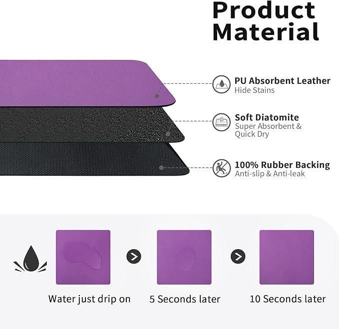 HotLive Dish Drying Mat for Kitchen Counter, Heat Resistant Drainer Mats with Non-slip Rubber Backed, Hide Stain Kitchen Super Absorbent Draining Mat, Easy to Clean Dish Rack Pad, Purple 18"x28"