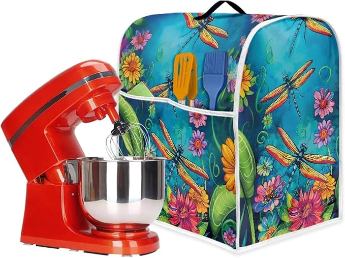 Dragonfly Mixer Cover | Dust & Oil Resistant Protector with Handle & Pocket | 4.5-5 Quart Kitchen Appliance Cover for Home Decor
