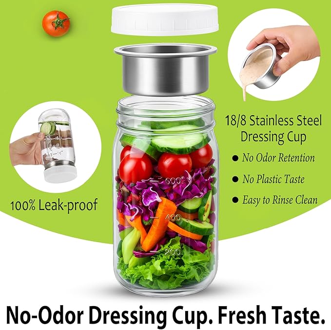 KTKUDY 2 Pack 32 oz Glass Salad Jars with Dressing Cups (Pod) - Meal Prep Salad Container for Lunch - Leakproof Mason Jars with Lids