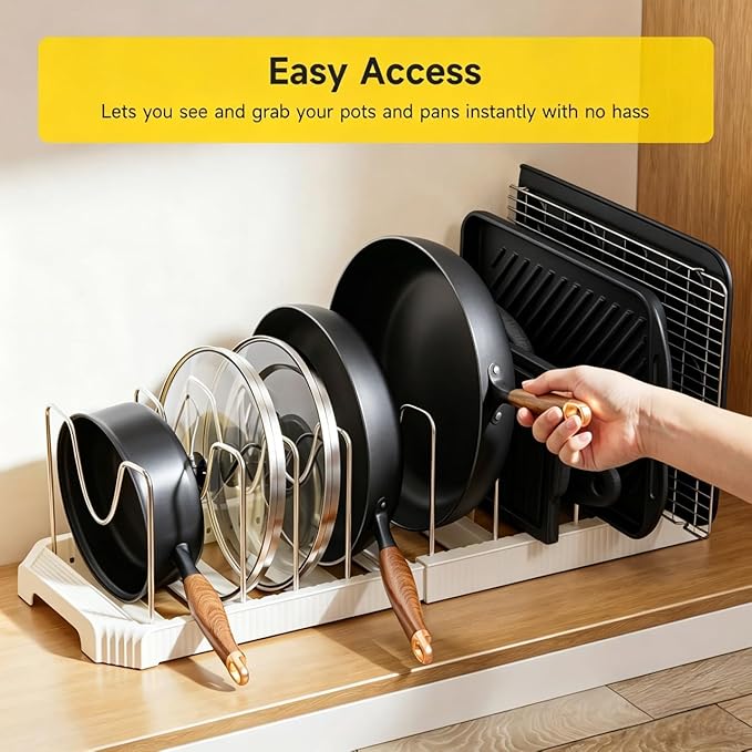 MUDEELA Pots and Pans Organizer under Cabinet, Pot Rack with Expandable Pot Lid Organizers Holder for 10 Adjustable Dividers, Pan Organizers inside Cabinet for Pan Lids, Cutting Boards, Baking Sheets