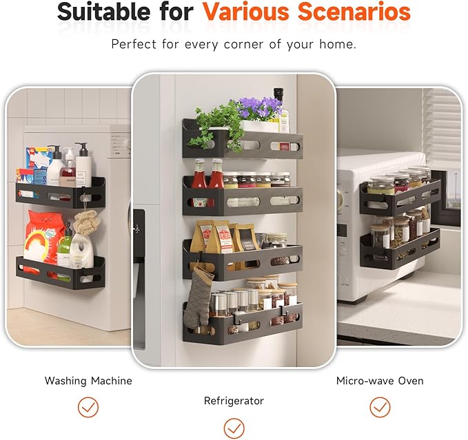 Sevenblue 4 Pack Strong Magnetic Spice Rack for Refrigerator, Multipurpose Magnetic Shelf for Fridge with 4 Hooks for Kitchen and Bathroom Organization, Black