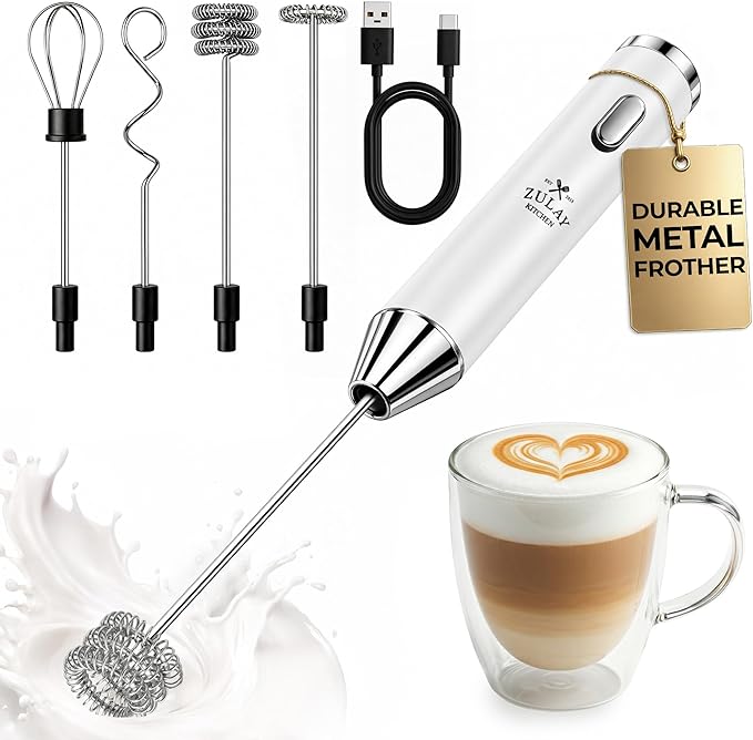 Zulay Kitchen Rechargeable Milk Frother Handheld - Frother Wand, Drink Mixer, Electric Whisk Frother, for Cappuccinos, Matcha & Protein Powder - Ultra Metal 3 Whisk, 1800mAh White