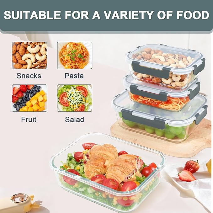 KOMUEE 4 Pack 52oz+22oz Large Glass Food Storage Containers Set with Airtight Lids, BPA-Free & Leak Proof, Ideal for Meal Prep, Freezer, Microwave, Oven and Dishwasher Safe
