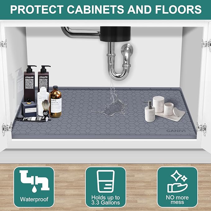 Under Sink Mat, 34" x 22" Waterproof Silicone Under Sink Tray for Kitchen & Laundry Cabinets, Kitchen Cabinet Shelf Protector