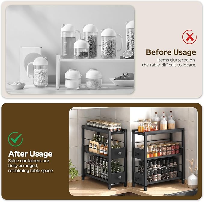 YATINEY Spice Rack, 3-Tier Pull Out Spice Rack Organizer for Countertop, Narrow Kitchen Countertop Storage Shelf with 2 Drawers, for Kitchen, Cafe, Black SR02BB