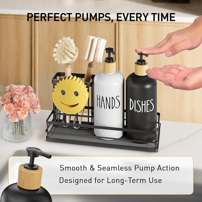 Moforoco Kitchen Dish Soap Dispenser Set, 16OZ Glass Bottle, Hand and Dish Soap Dispenser Set, Instant Dry Tray, Brush Holder with Smiley Face Sponge Holder (Black Tray+Black&White Bottle)