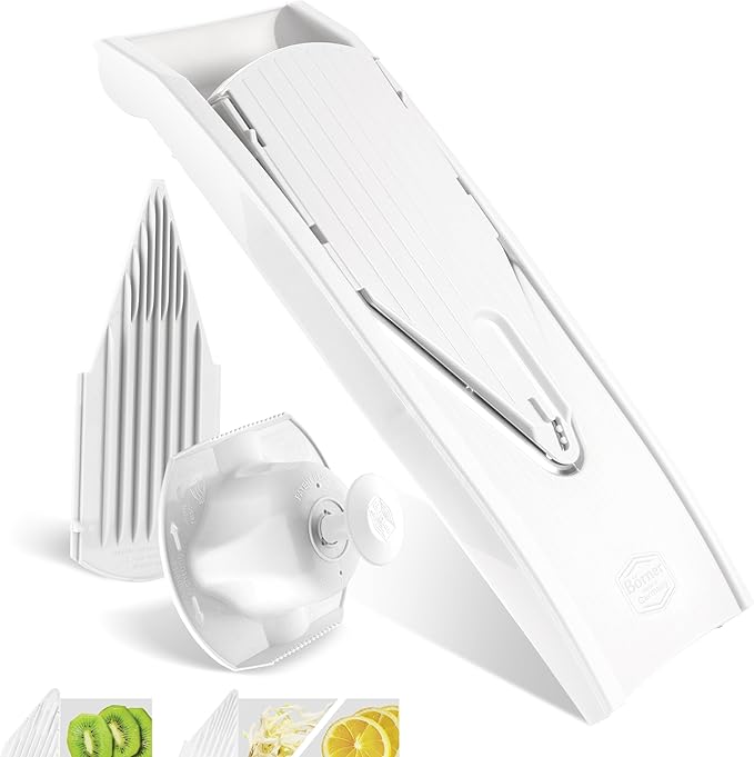 Börner Mandoline Slicer V1 (Basis Set) • V-Slicer with 2 Inserts & Fruit Holder • Adjustable Kitchen Slicer for Vegetables & Fruits • Vegetable Cutter • 3 Thickness Settings • Color: White