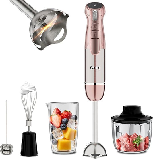 Camic Hand Blender, Cordless Immersion Blender with 6 Speeds, 4 in 1 Portable Mixer Electric Handheld Mixer with Blender, Chopper, Whisk, Frother for Soup, Smoothies, Baby Food and Puree (Champagne)