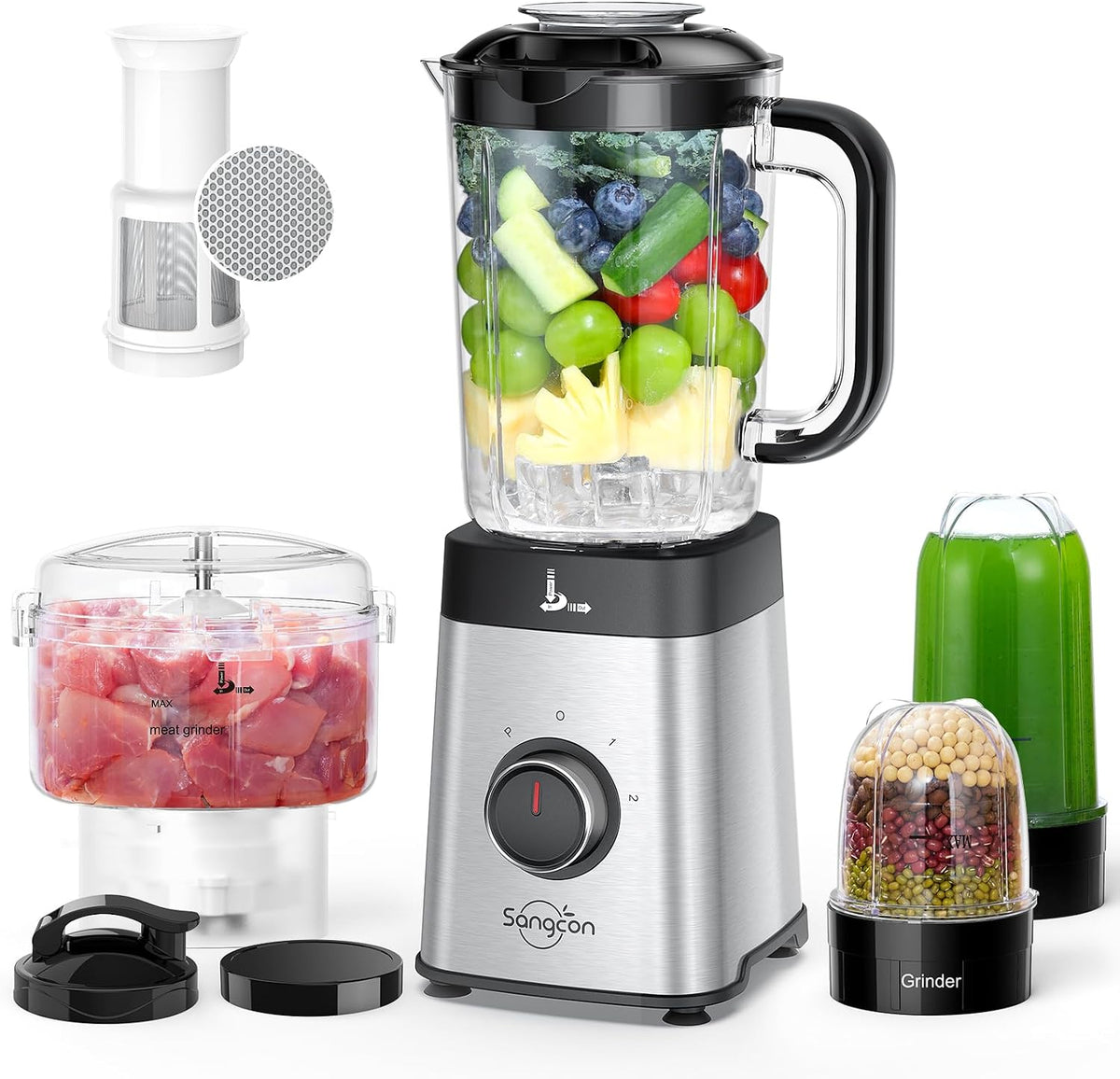 Blenders and Food Processor Combo for Kitchen, 5 in 1 Blender for Shakes and Smoothies, Meat Chopped, Grinding & more, 40 oz Jar & 17oz Cup with To-Go Lid, Stainless Steel Silver