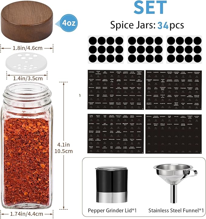 Yangbaga Glass Spice Jars with Labels: 34pc 4oz Square Seasoning Storage Containers with Airtight Wood lid,Pepper Grinder,Funnel; Empty Spice Organizer Bottles for Kitchen Rack Drawer Cabinet