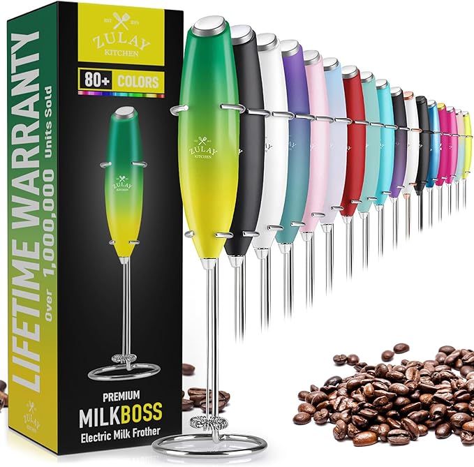 Zulay Kitchen Powerful Milk Frother Wand - Ultra Fast Handheld Drink Mixer - Electric Whisk Foam Maker for Coffee, Lattes, Cappuccino, Matcha & Creamer - Lemon Lime