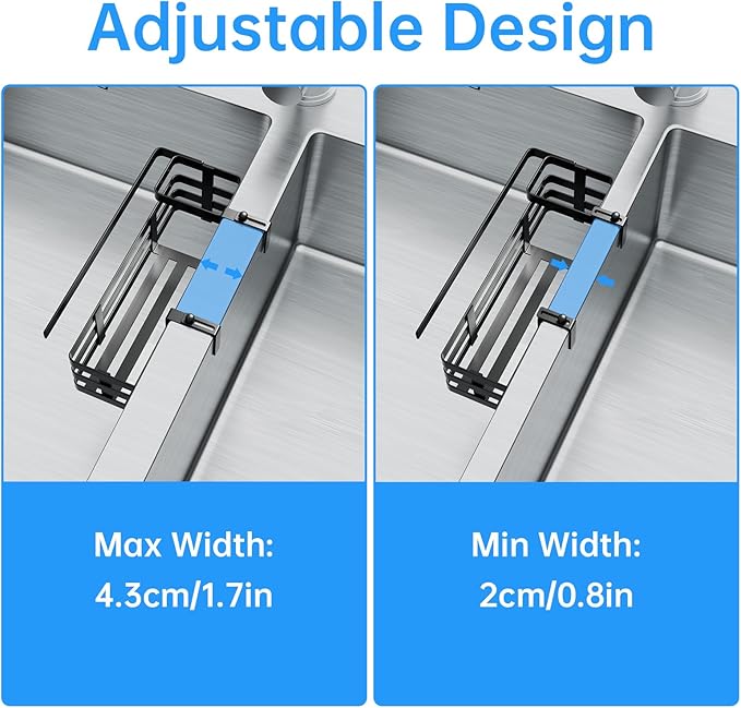 NiHome Sponge Holder for Kitchen Sink, Over Sink Divider Caddy for Double Sinks, Multi-Compartment Storage Organizer for Sponge, Brush & Stopper, L-Shaped Hooks, Adjustable Fast Drainage