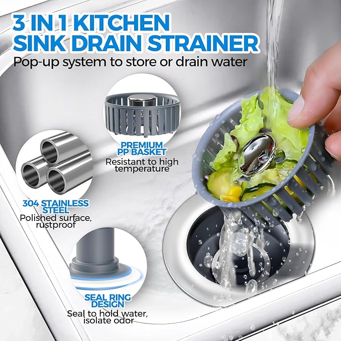 zaa Kitchen Sink Drain Strainer - Kitchen Sink Stopper, Stainless Steel Kitchen Drain Plug & Cover with Anti-Clogging Basket Strainer, Fit US Standard 3-1/2'' Sink Drain Hole, Silver
