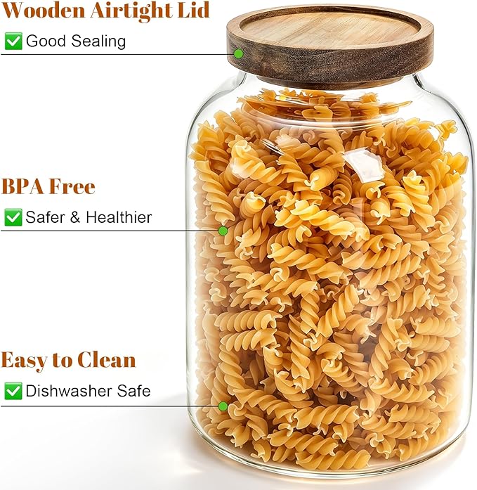 Bekith 2 Pack Large Glass Food Storage Jar with Airtight Wooden Lid, 66 FL OZ(1950ml) Glass Food Canister for Kitchen and Pantry Organization, Storage Containers for Coffee, Rice, Sugar, Flour