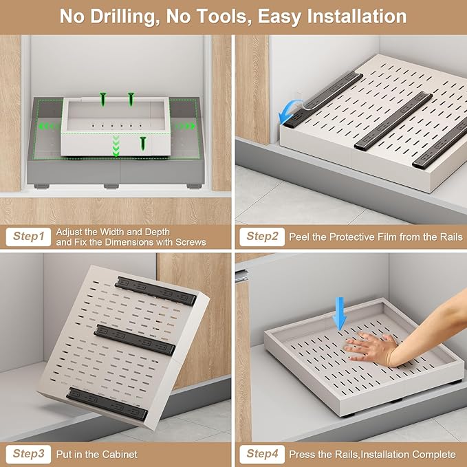 Fokyfok Pull out Cabinet Organizer,Width (11"-18") and Depth (10"-13") Expandable,No Drill Adjustable Slide out Drawers for Pantry,Adhesive Roll out Shelves Short,for upper cabinet,White（1PC）