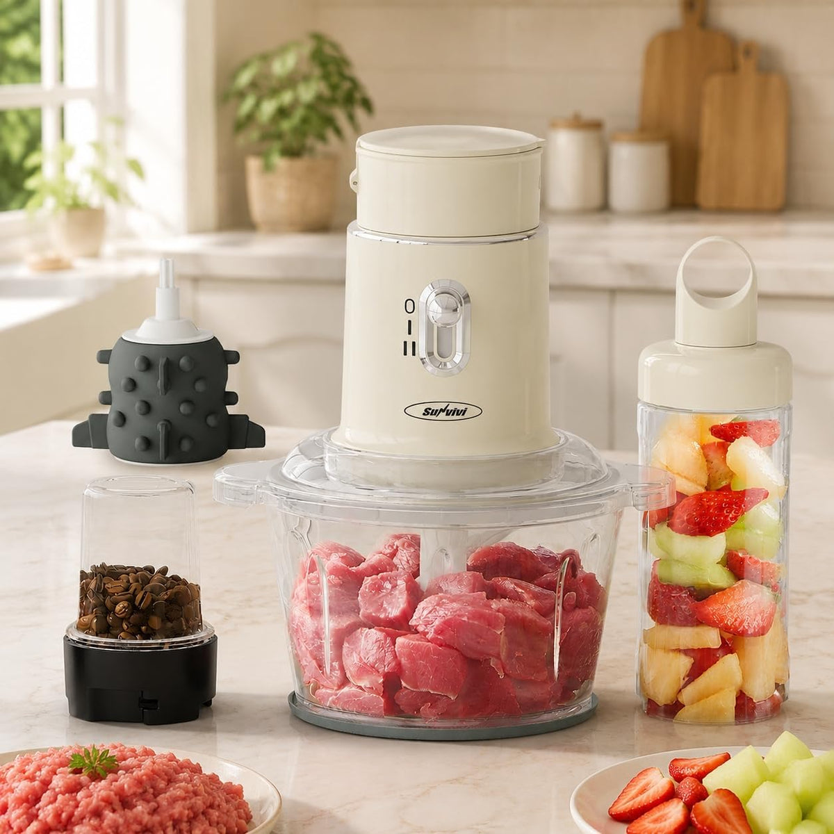 4-in-1 Electric Food Chopper & Small Food Processor, Meat Grinder, Garlic Peeler & Juicer, 2-Speed Mini Food Processor with 1.5L Glass Bowl and 2 Cups (0.4L+0.2L), Beige