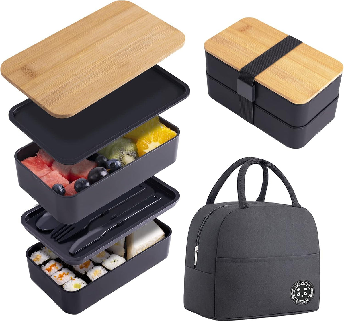 Japanese Bamboo Bento Box with Compartments and Utensils Stackable Lunch Box Includes Lunch Bag for Meal Prep Black