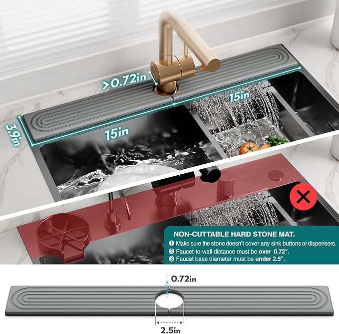 eormoe 30 inch Kitchen Faucet Absorbent Mat - Diatomaceous Earth Splash Guard for Sink Faucet, Aesthetic Water Absorbing Stone Tray in The Modern Home(Grey, 30" x 3.9")