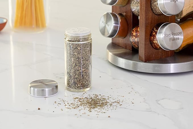 20 Jar Rotating Dark Acacia Wood Spice Rack with Spices Included & 5-Year Spice