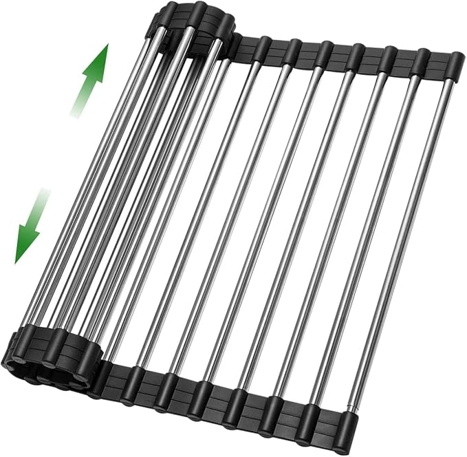 Expandable Roll Up Dish Drying Rack Over The Sink Rack, Large Dish Drainer Rack for Stainless Steel Sinks, Non-Slip Silicone Collapsible Rack 18 Tube for Kitchen,Sliver