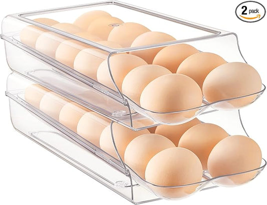 Vtopmart Clear Plastic Egg Holder for Fridge, Automatic Rolling Egg Container for Refrigerator, Stackable 14-Count Eggs Organizer with Removable Inner Tray, Fridge Organizers and Storage, 2Pack
