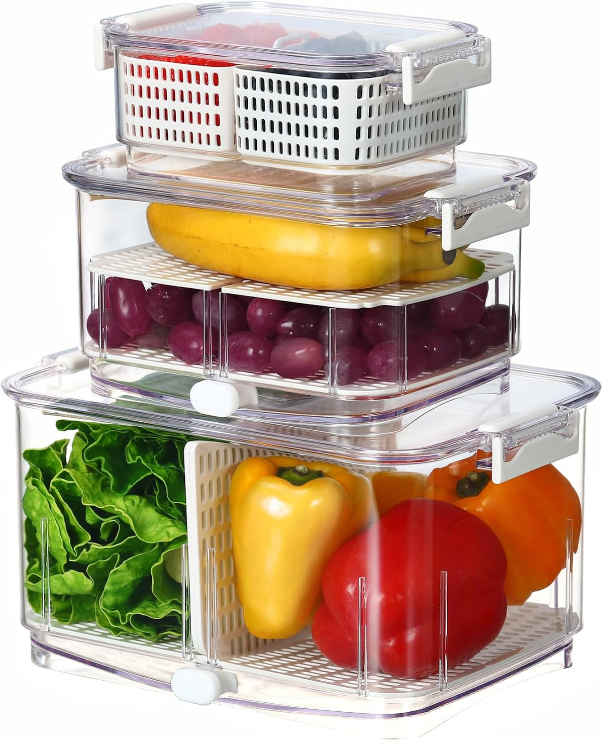 Duo Fresh Produce Saver for Fridge, Fruit Vegetable Container with Vent & Drainage in Bottom for Wash, Colander Strainer Storage Bin for Refrigerator, Berry Lettuce Keeper
