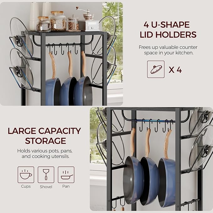 MAHANCRIS 4-Tier Pot Rack, Pots and Pans Organizer for Kitchen, Lid Organizer Rack with U-Shaped Lid Holders, Kitchen Storage Shelf for Standing Cookware, Black POBK3001