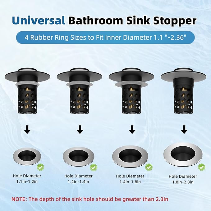 iFealClear 2 Pack All Metal Bathroom Sink Stopper, Pop Up Sink Drain Strainer with Removable Stainless Steel Filter Basket, Universal for 1.1"-2.36" Sink, Brass Bounce Core, Hair Catcher, Matte Black