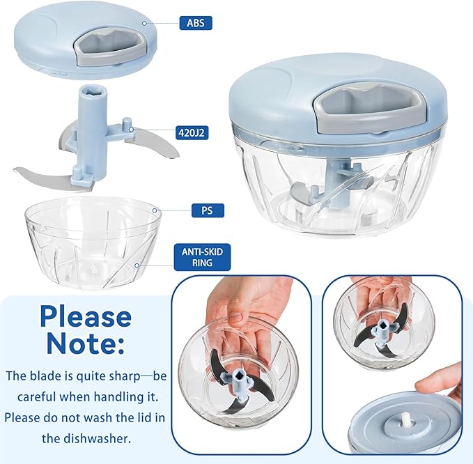 Manual Food Processor Vegetable Chopper, Portable Hand Pull String Garlic Mincer Onion Cutter for Veggies, Suitable for Vegetables, Ginger, Garlic, Fruits, Onion, Potato, Salad (Blue 500 ml)