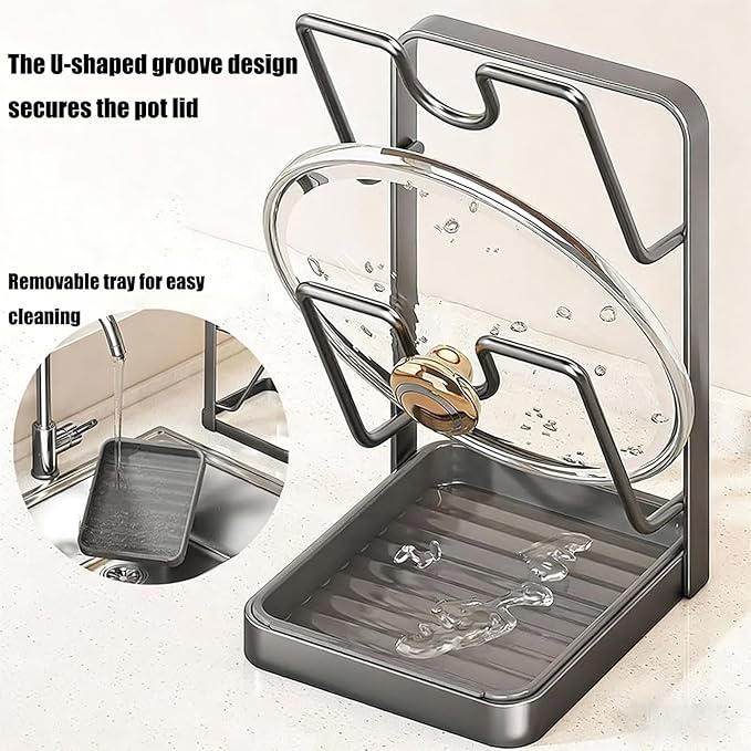 Pot Lid Organizer Rack, Stainless Steel Kitchen Pot Lid Holder & Storage Rack with Drip Tray & Spoon Rest for Countertop Stove Cooking (Beige)