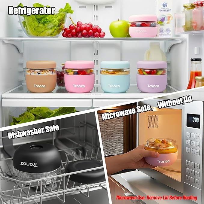 Tronco 24 oz Glass Lunch Bowl Container with Lid, Reusable Glass Food Container for Salad, Snack,Yogurt, Soup Food Storage, Meal Prep, Airtight, Leak & Spill Proof, Dishwasher Safe, BPA-Free, Set of 4