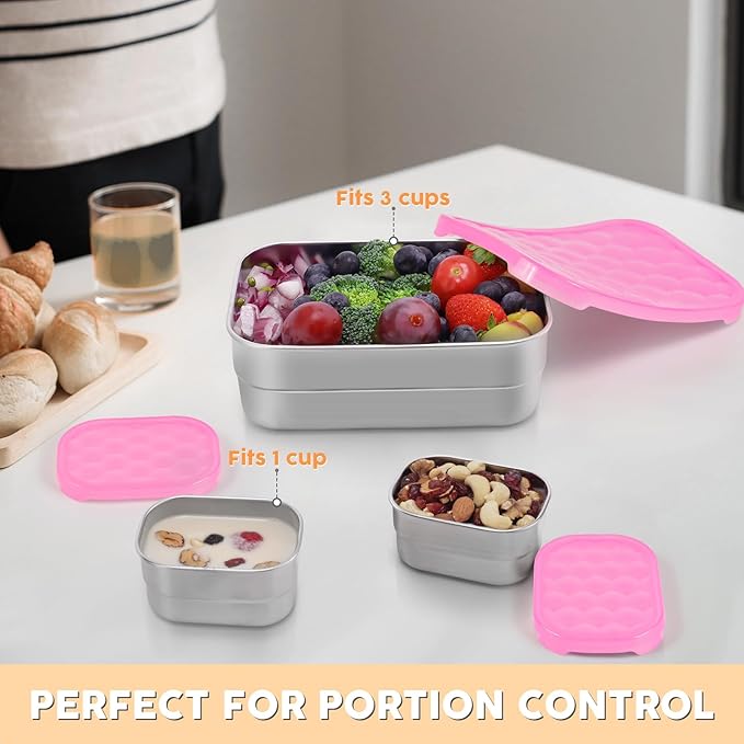 Tanjiae Small Stainless Steel Lunch Containers for Kids | Leak Proof BPA Free Snack Containers with Silicone Lids - Perfect Metal Snack Containers with Lids for School and Daycare (25oz+8oz*2)