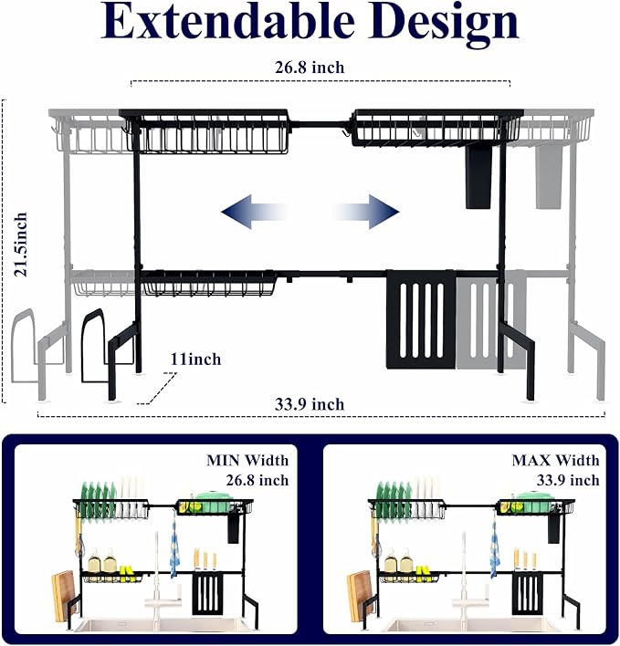 Kitsure Over The Sink Dish Drying Rack - 26.8" to 33.9"x21.5", Adjustable Sink Drying Rack for Kitchen Sink with Large Capacity, 2-Tier Dish Rack Over Sink with Multifunctional Baskets, Black