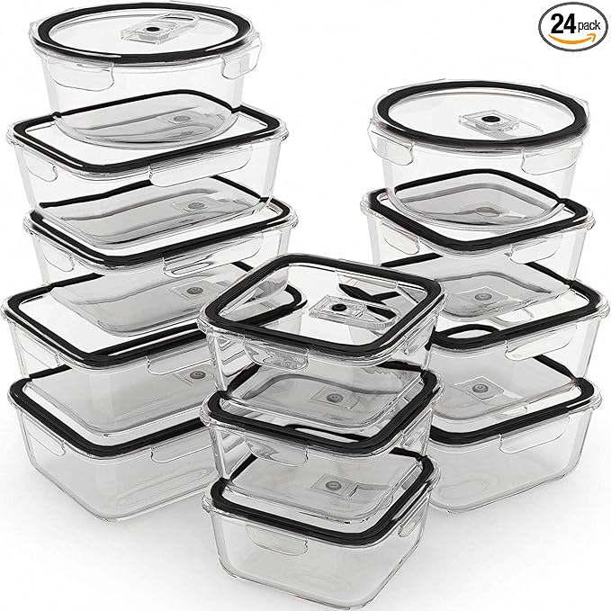 Razab 24 Pc Airtight Glass Food Storage Containers - Glass Meal Prep Containers - Freezer to Oven Safe - Steam Release Valve BPA Free - Airtight Bento Boxes - Leak Proof (12 lids & 12 Containers)