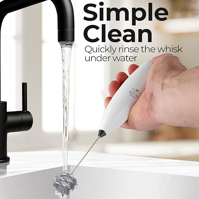 Zulay Kitchen Powerful Milk Frother Wand With Duracell Batteries - Ultra Fast Handheld Drink Mixer - Electric Whisk Foam Maker for Coffee, Lattes, Cappuccino & Matcha - Triple Whisk - White & Black