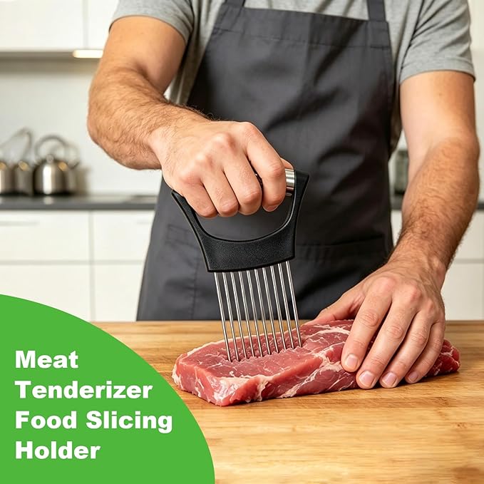 Onion Slice Holder, Stainless Steel Onion Holder for Slicing with Protective Case,Chopper Slicing Assistant Tool for Meat, Onion, Potato, Tomato,Lemon - Kitchen Gadgets (1 Pack)