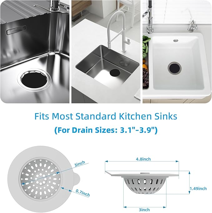 4 Pack Silicone Kitchen Sink Drain Catcher with Lid, 4.4" Top / 3" Mesh Basket, Grey Strainers for 3.1–3.9 Inch Openings, Anti-Clog Reusable Sink Stopper Covers, Odor-Proof & Easy to Clean