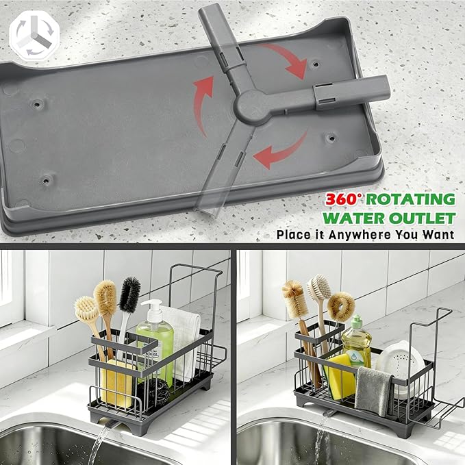 Sponge Holder for Kitchen Sink, Sink Caddy Organizer with Detachable Cloth & Brush Holder, Self-Draining Sponge Caddy Organizer with 360° Rotatable Spout, Kitchen Countertop Storage Accessories(Gray)