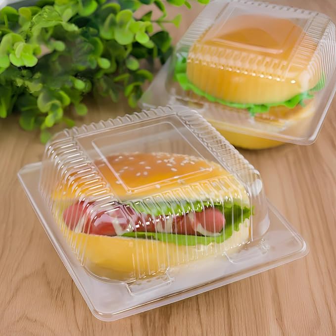 Jizvxe 200 Pcs Clear Plastic Take out Containers,Disposable Fancy Hinged Top Square Clamshell Food Boxes,Cake Slice Containers Clamshell Takeout Tray with Clear Lids,5.3x4.7x2.8 Inch