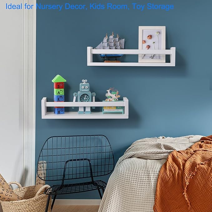JORIKCHUO Nursery Book Shelves, Set of 2 Wood Floating Book Shelves for Kids Room, Kitchen Spice Rack, or Rustic Wall Mounted Shelves for Farmhouse Bathroom Décor (White)