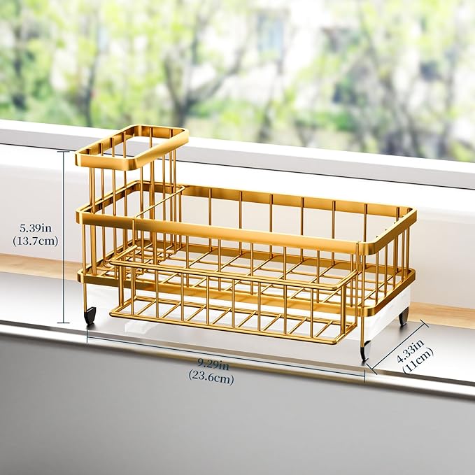 Consumest Sponge Holder for Kitchen Sink - Auto Draining Sink Caddy Organizer with Detachable Rack, High Brush Holder, Kitchen Countertop Storage Accessories, Gold
