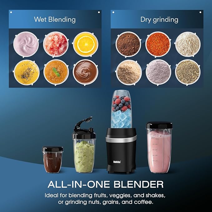 Nahida Blender for Smoothies, 1200W Smoothie Blender for Ices Crushing, Blenders with (2) 6-Fin Blades, Personal Blenders for Kitchen with 23oz, 32oz, 37oz Easy Go Cups for Juices, Black