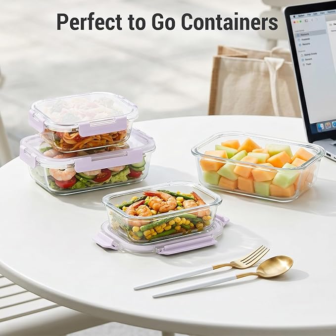 Dealusy 10 Sets (20-Piece) Glass Meal Prep Containers with Lids, Five 36 oz & Five 12 oz Airtight Leak-proof Glass Food Storage Containers with lids, Microwave Oven Freezer Dishwasher Safe, Purple