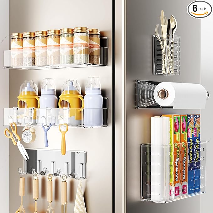Magnetic Spice Rack for Refrigerator,6 Pack Magnetic Shelf,Fridge Magnet Organizer with Paper Towel Holder,Utensils Racks,Hook Rack,Deepened Basket,Fridge Organizers and Storage Clear(6 Pack)