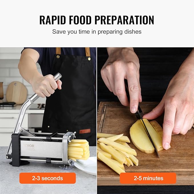 VEVOR French Fry Cutter, Potato Slicer with 1/2-Inch and 3/8-Inch Stainless Steel Blades, Manual Potato Cutter Chopper with Suction Cups, Great for Potato, French Fries, Cucumber, Vegetables, Carrot