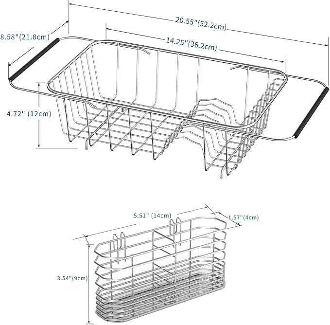 JAQ Over Sink Dish Drying Rack for Small Sink, Compact Expandable 14.25"–22.44", Adjustable 304 Stainless Steel Dish Drainer with Utensil Holder, Space Saving for Small Kitchen
